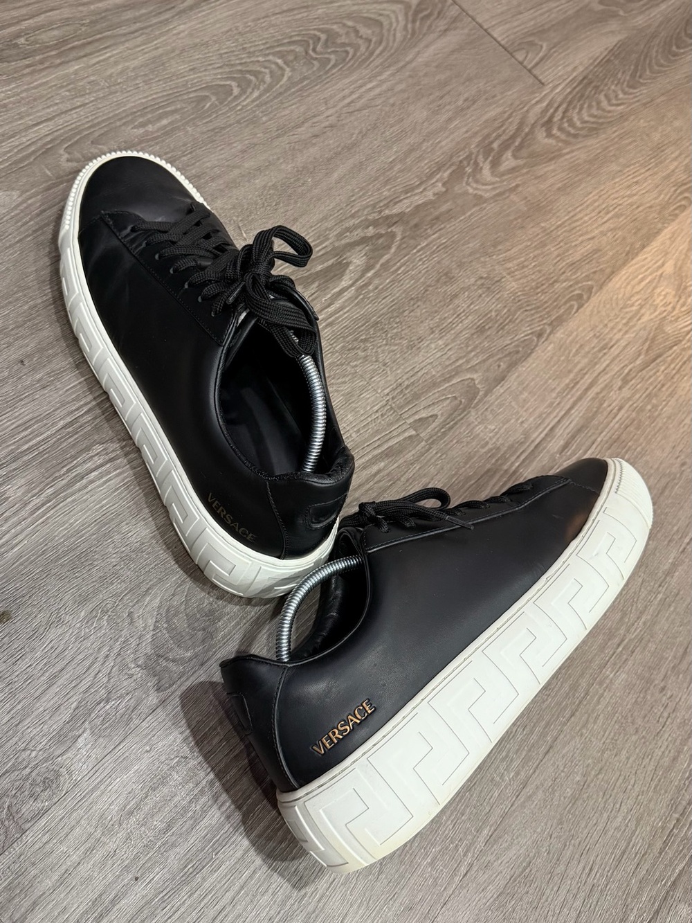 Versace Black Leather Lace-Up Sneakers with White Greca Sole